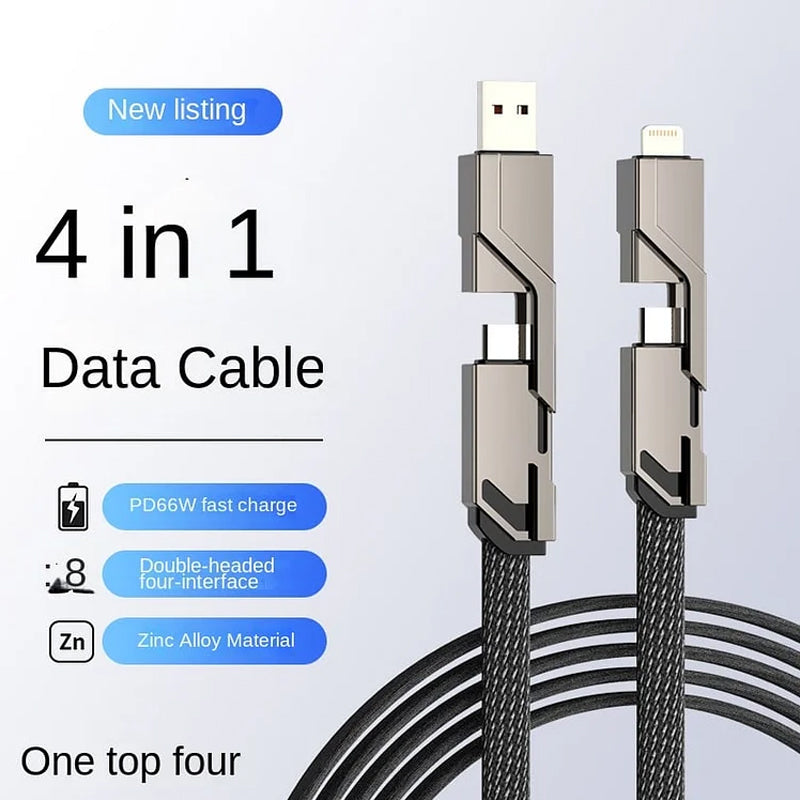 4-in-1  Flat Braided Anti-Tangle Charger Cord with Velcro